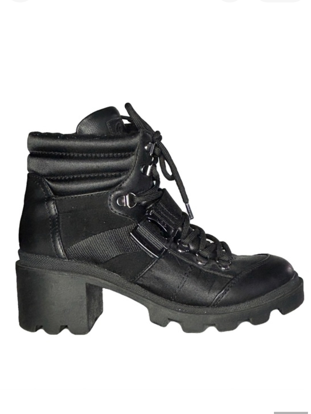 G by Guess Black Lace-Up Faux Satin and Leather Women's Boots with Buckle